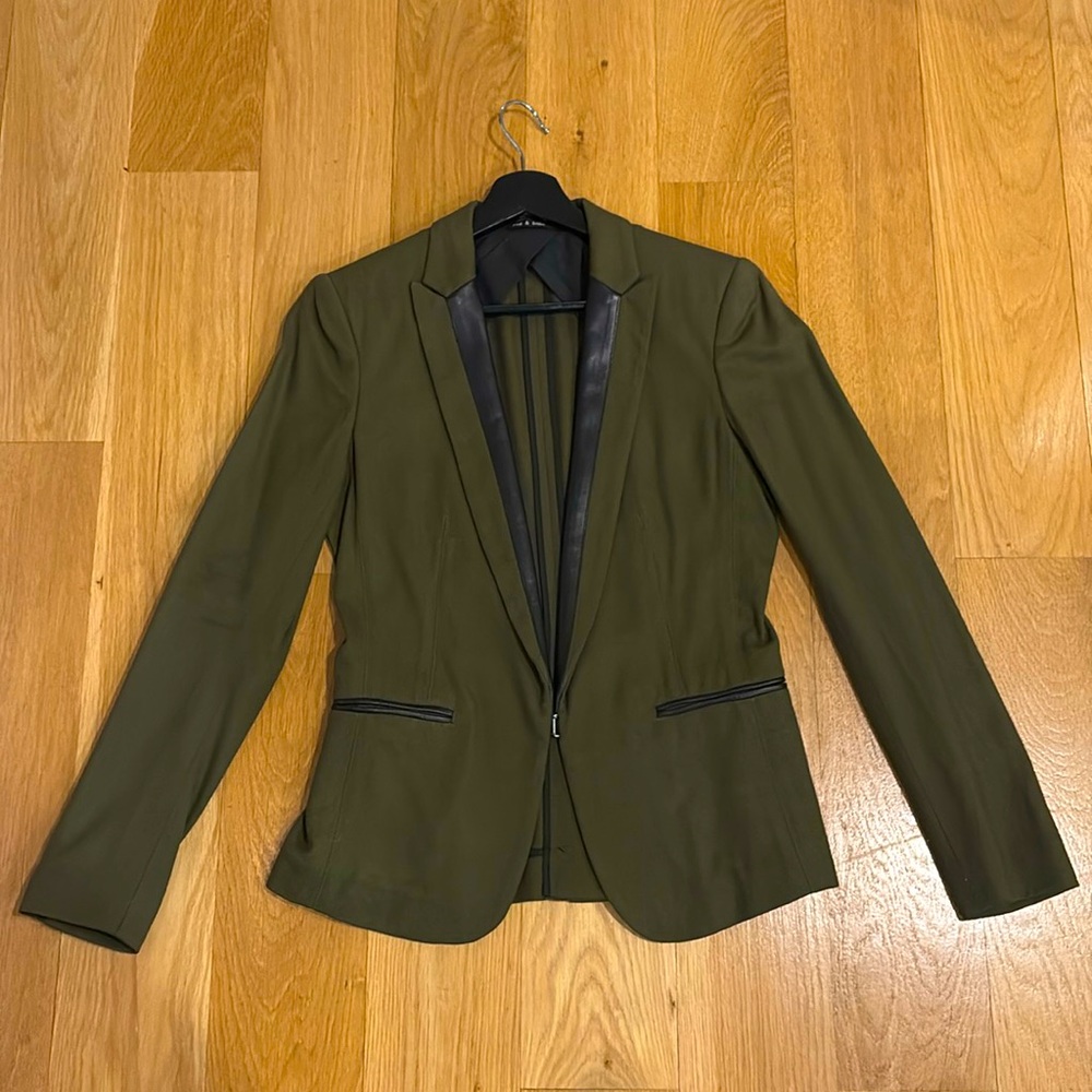 Rag and Bone blazer, size 2, army green with black leather detailing